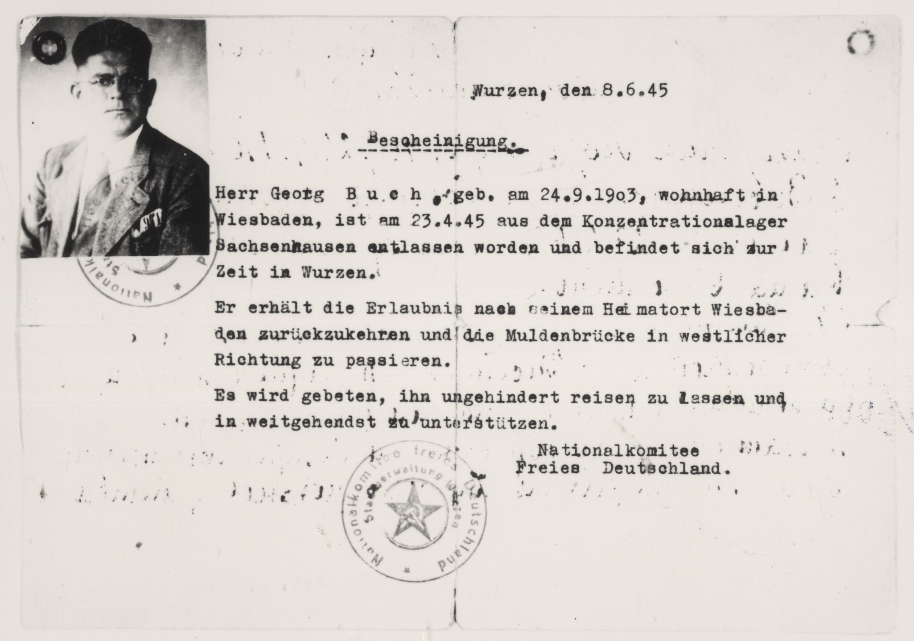 Passierschein für den sieben Wochen zuvor aus dem KZ befreiten NS-Gegner